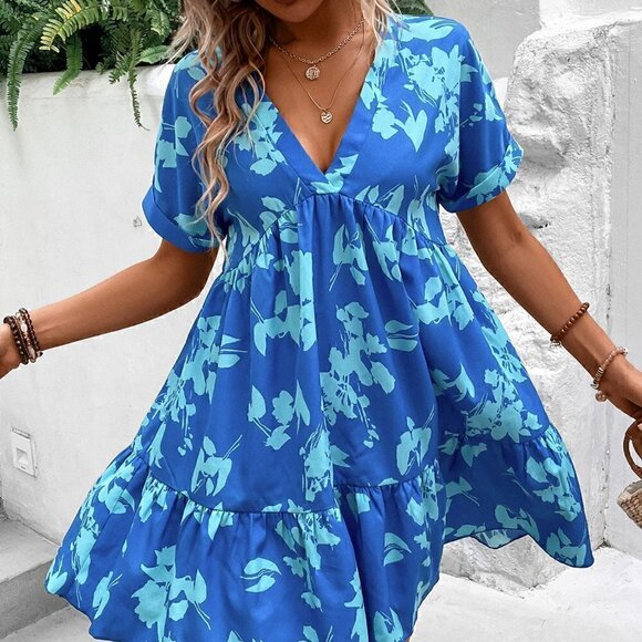 Blue Boho Women's Floral Print Batwing Sleeve Ruffle Hem Smock Dress - Picture 1 of 5